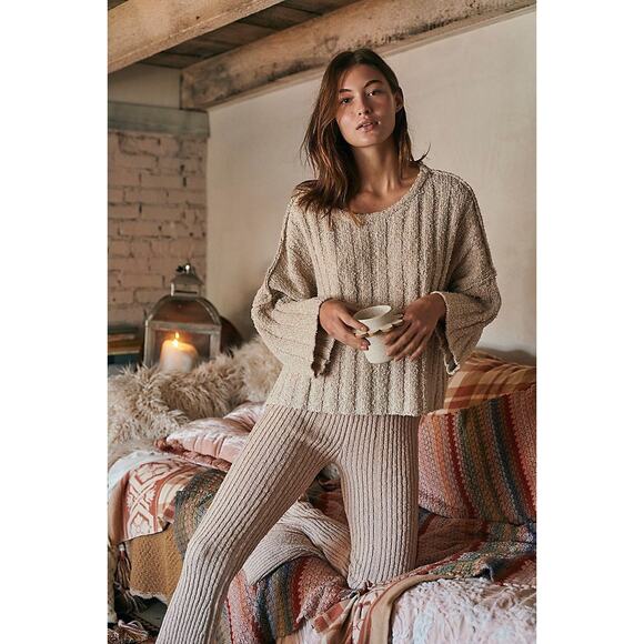 free people oatmeal oversized short sleeve sweater - Picture 1 of 6